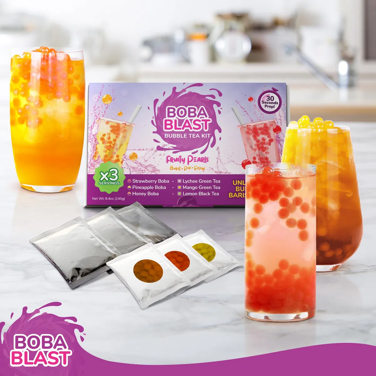 BobaBlast Bubble Tea Kit Completo (240 g) - Perle Bubble Tea ai 3 Gusti Fruttati Fragola, Ananas e Miele - Popping Perle Divertente, Veloce da Preparare e Delizioso - Per Amici e Famiglia