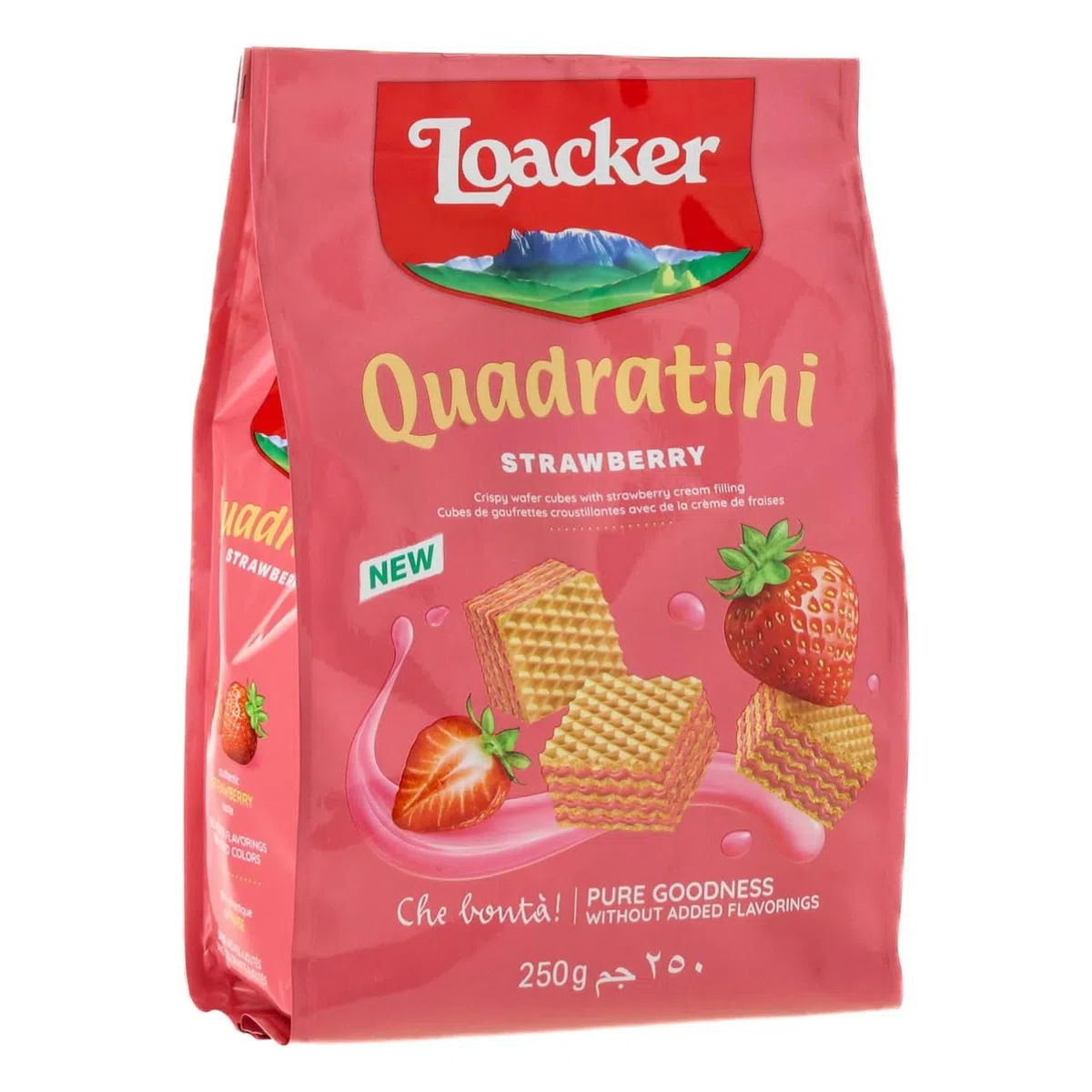 Loacker, Quadratini Fragola, Wafer Croccanti con 5 Strati di Cialde Farcite con Crema alla Fragola, Snack per Colazione, Senza Aromi e Coloranti, Pratica Confezione Apri e Chiudi, 1 Confezione da 250g