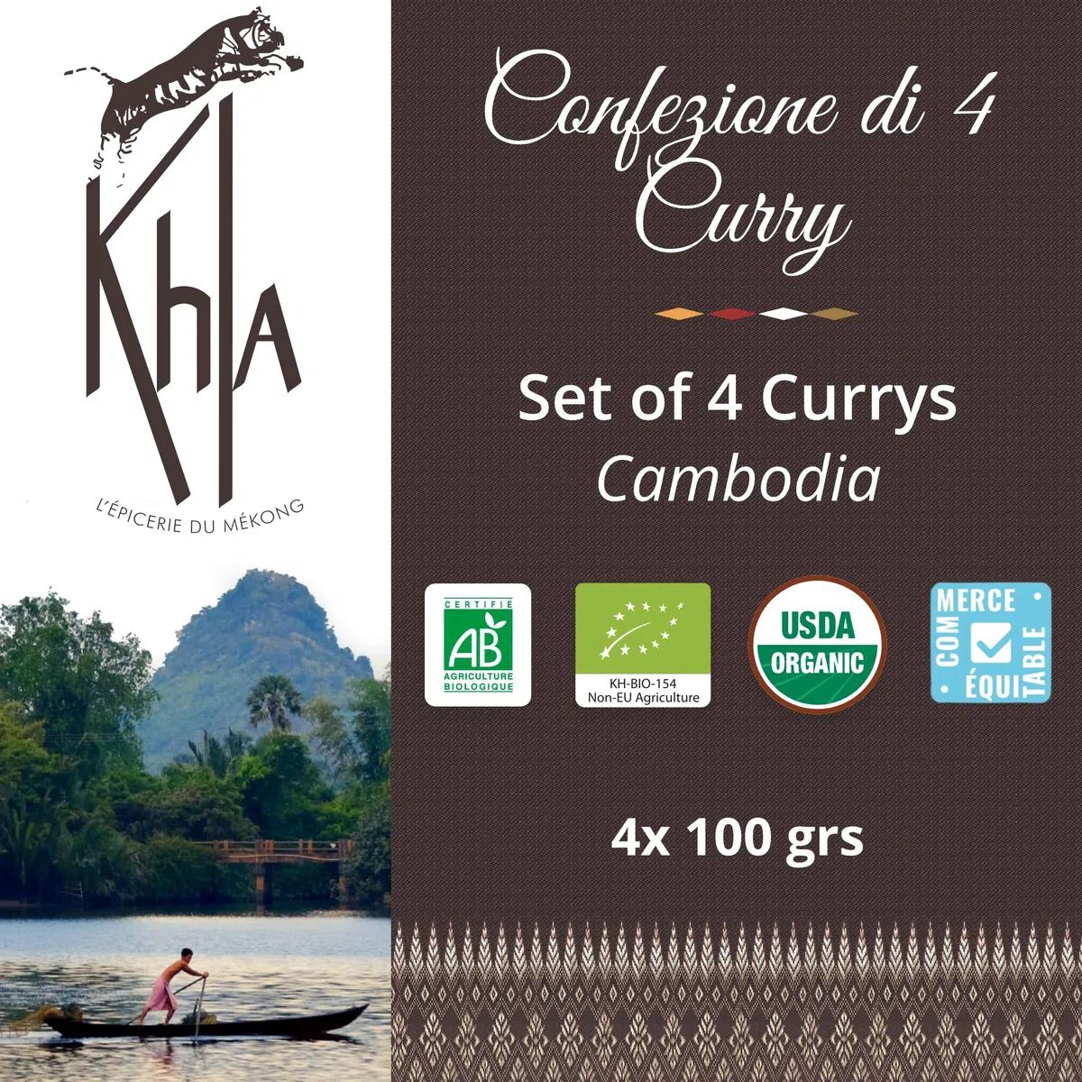 Khla - Confezione di 4 Curry Biologici - Curry Giallo, Curry Nero, Curry Rosso & Curry Detox Verde - Polvere 4x 100 g - Miscele Esclusive - Set Regalo Spezie Natale Compleanno - Origine Cambogia