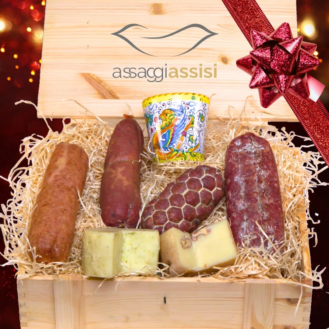 Cesta REGALO AssaggiAssisi - Cesto Gastronomico in Scatola di Legno Salumi Formaggi Prodotti Tipici Umbria - Made in Assisi - Italy