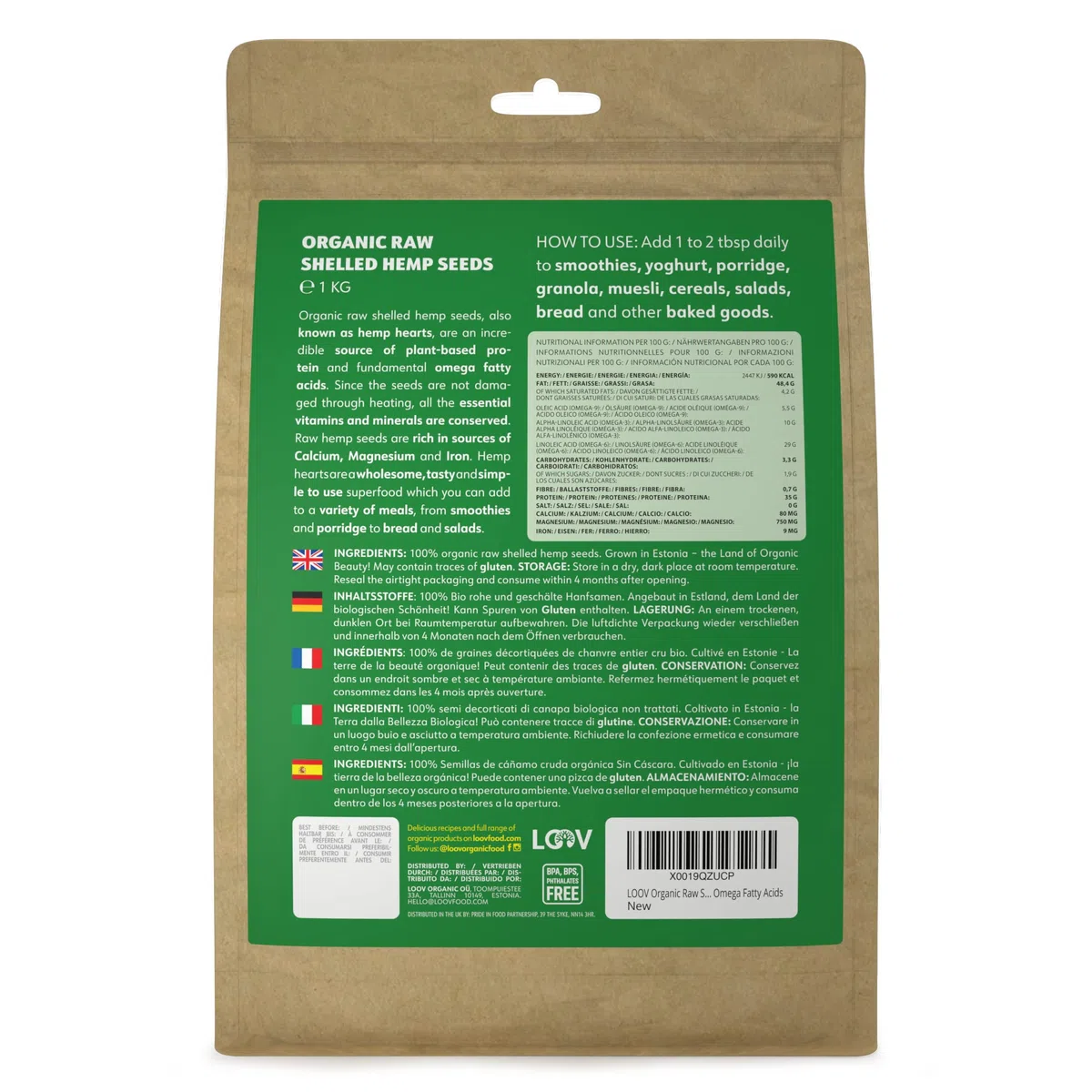 LOOV Semi decorticati di canapa biologica, cuori di canapa, 1 kg, non trattati termicamente, tutti i nutrienti preservati, coltivazione in clima nordico, fonte di proteine e acidi grassi omega