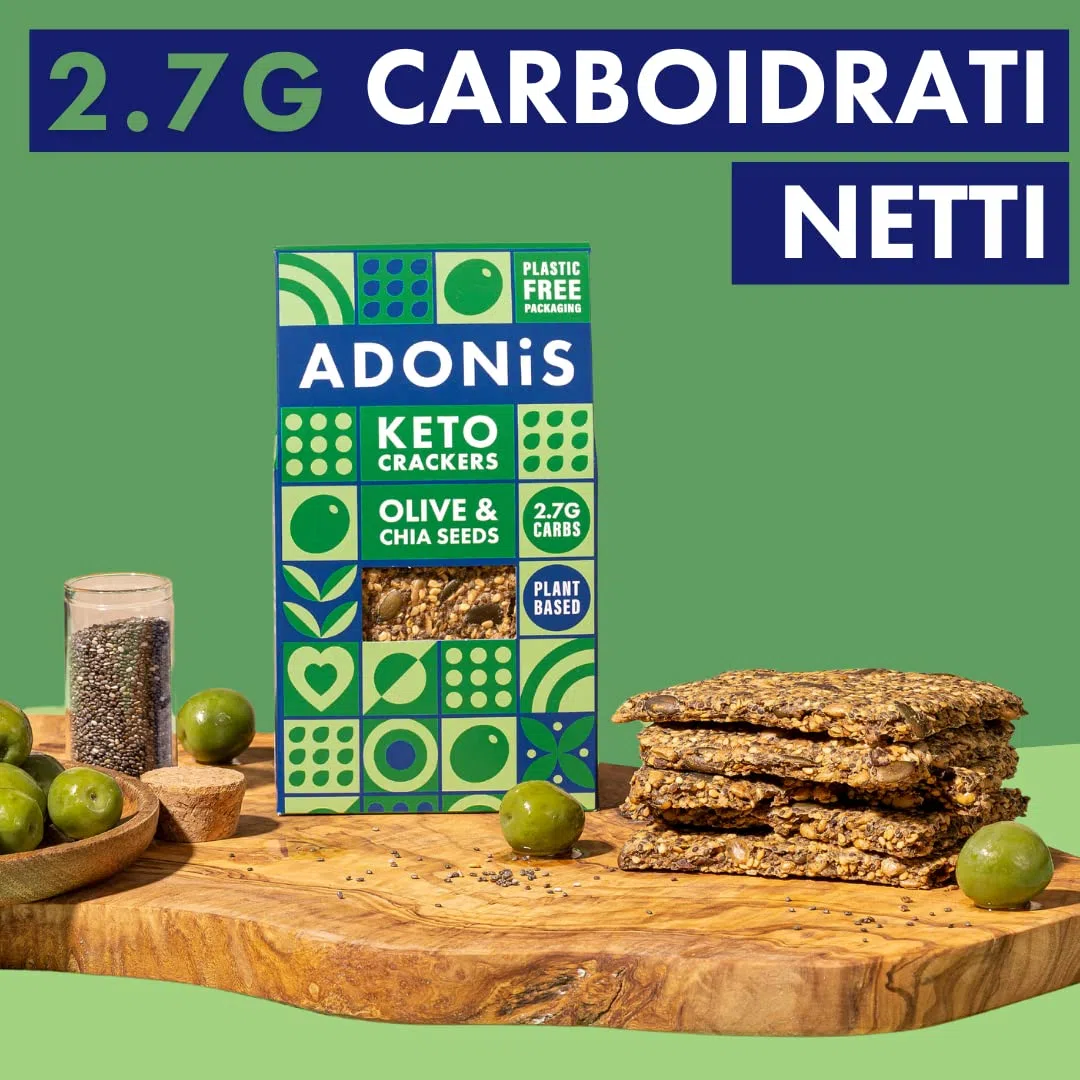 Cracker Proteici Adonis Keto alle Olive e Semi di Chia (confezione da 10 x 60g) |Vegano & Keto Friendly | 100% Naturale | Senza Glutine, Senza Zuccheri, Senza Olio di Palma,