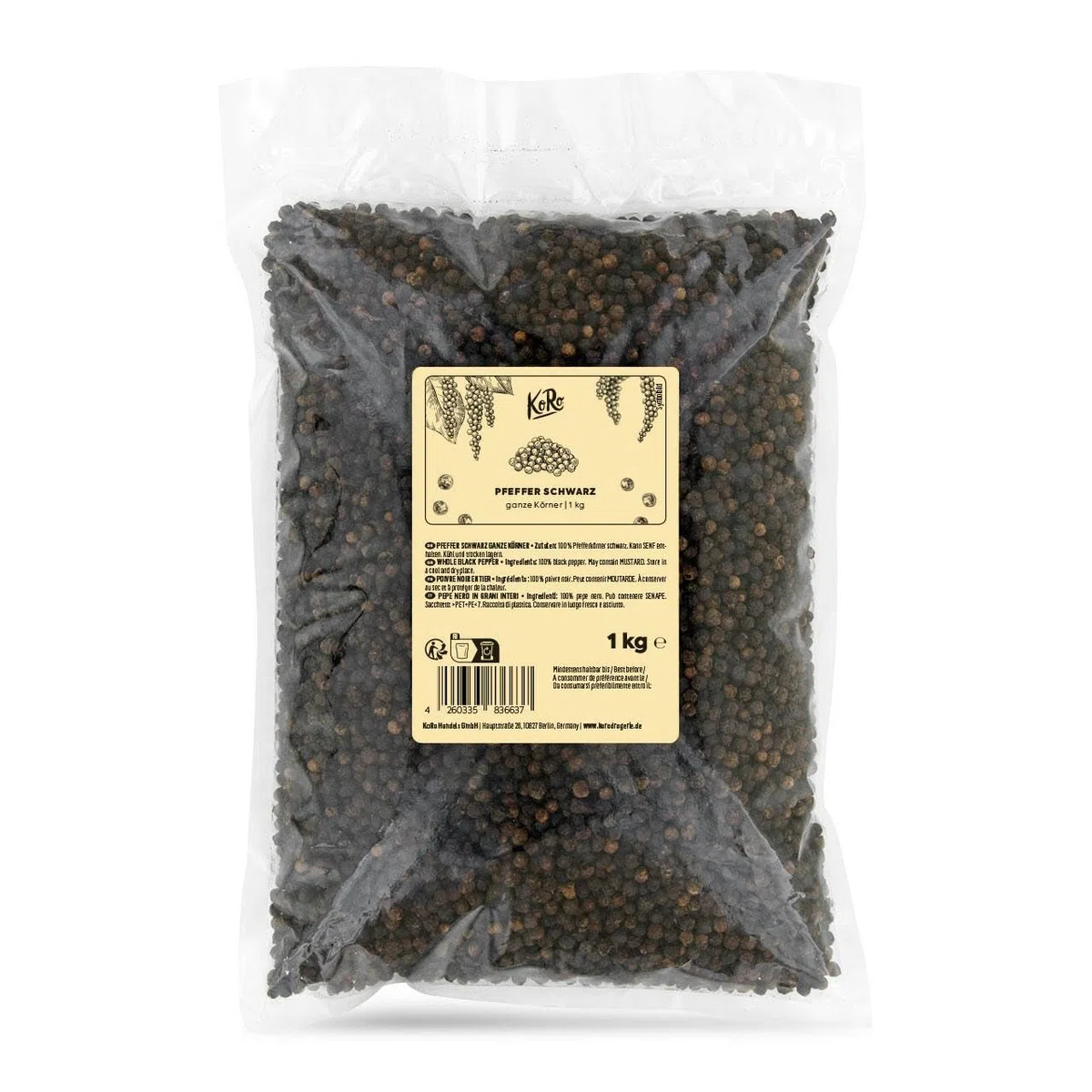 KoRo - Pepe nero in grani 1 kg - versatile - maxi confezione - in grani interi - da macinare o da usare in chicchi interi