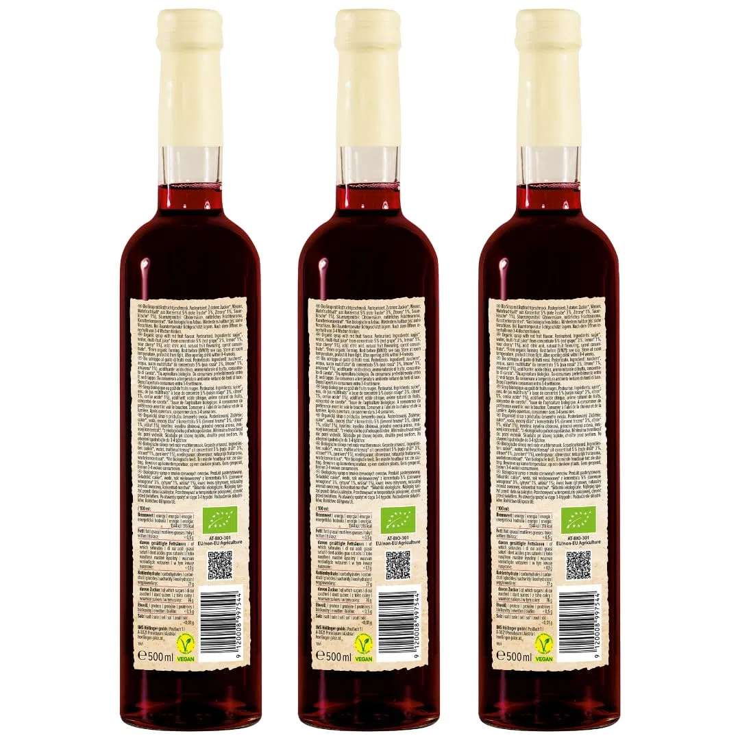 Höllinger Sciroppo Biologico Frutti Rossi, Concentrato 1:9, Confezione da 3 Bottiglie da 500ml
