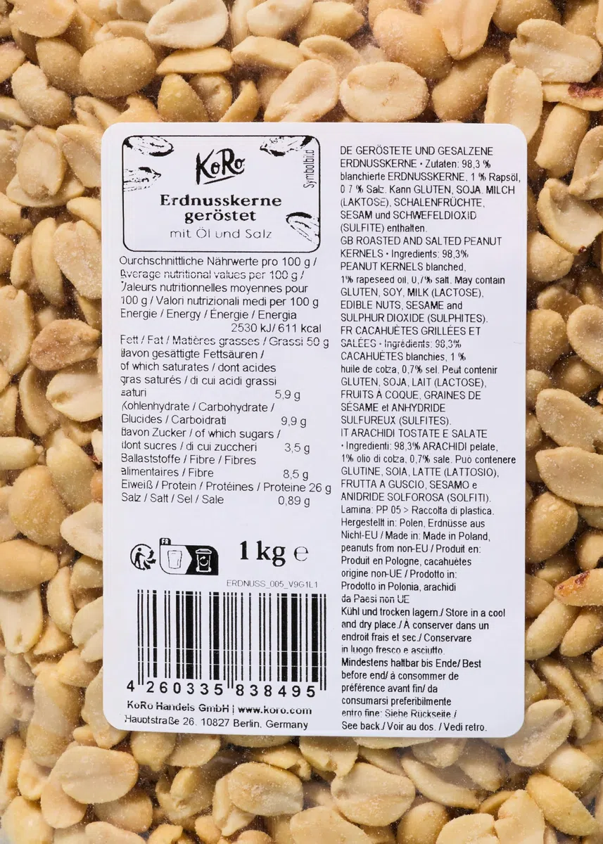 KoRo - Arachidi tostati e salati 1 kg - per aperitivi e snack - tostate e salate - maxi formato