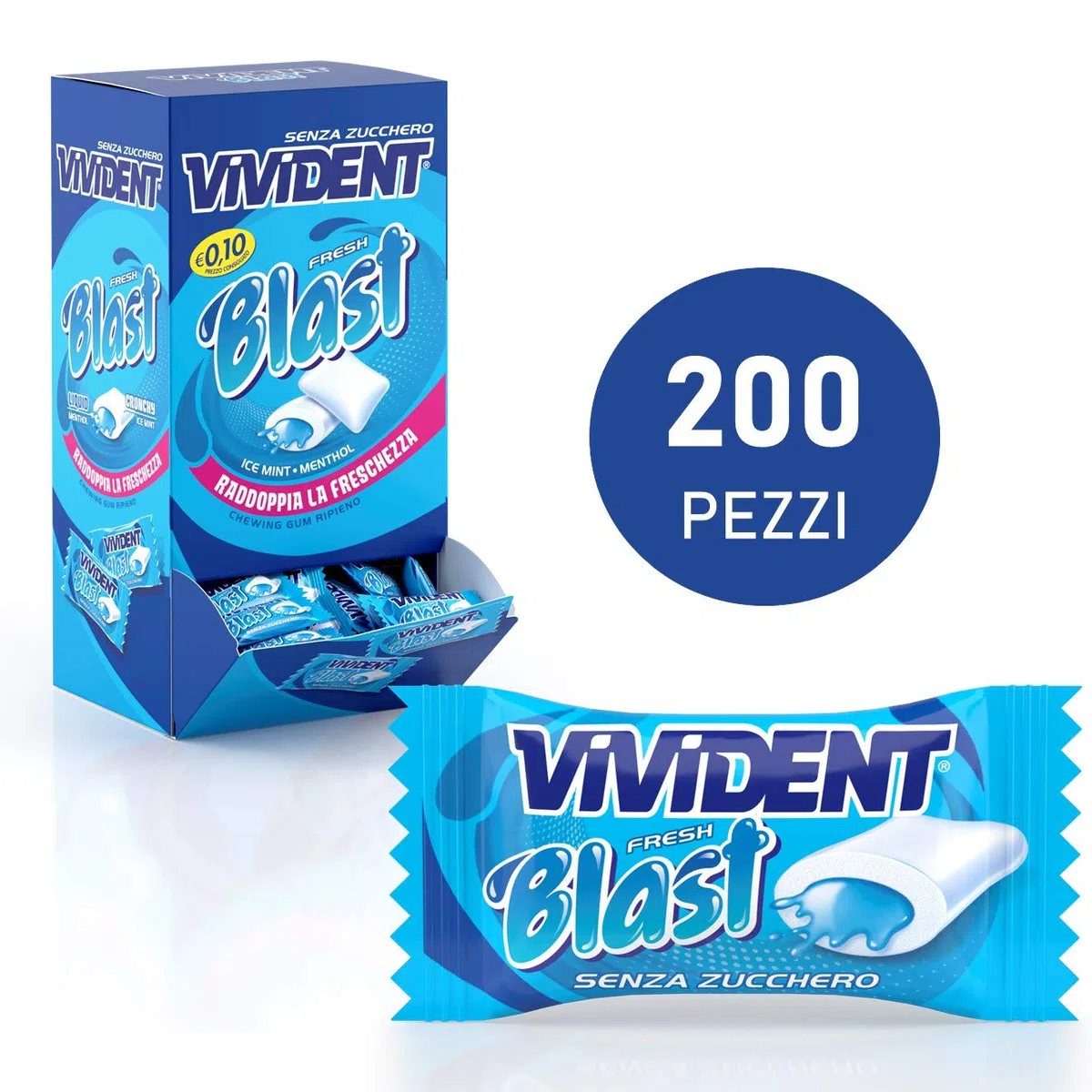 Vivident Fresh Blast Gomme da Masticare Senza Zucchero, Chewing Gum Gusto Menta, Confezione da 200 Gomme
