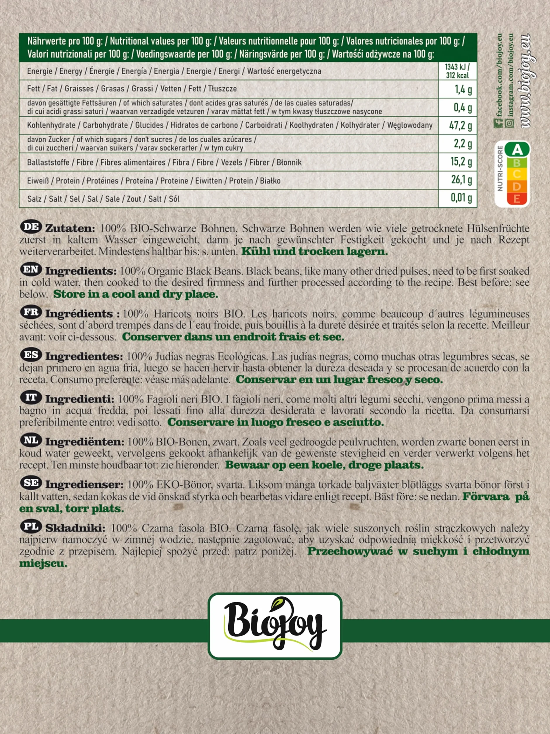 Biojoy Fagioli neri Biologici (2,5 kg), secchi e interi, senza additivi