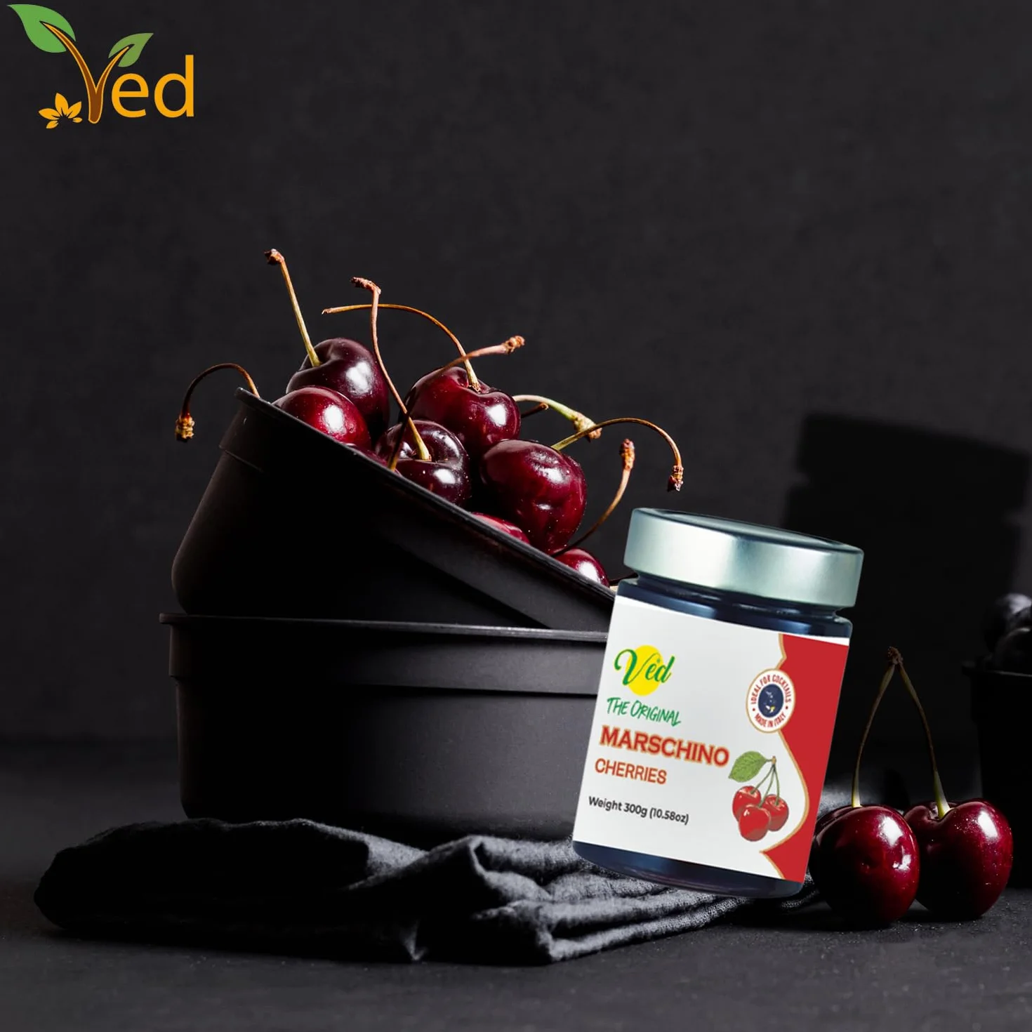 Ved Gourmet Originale Ciliegie Rosse al Maraschino - Ciliegia Italiana per Cocktail Old Fashioned - Cocktail Vegano, Ciliegie Bourbon in Sciroppo Naturale per Topping Cocktail (Pack of Two)