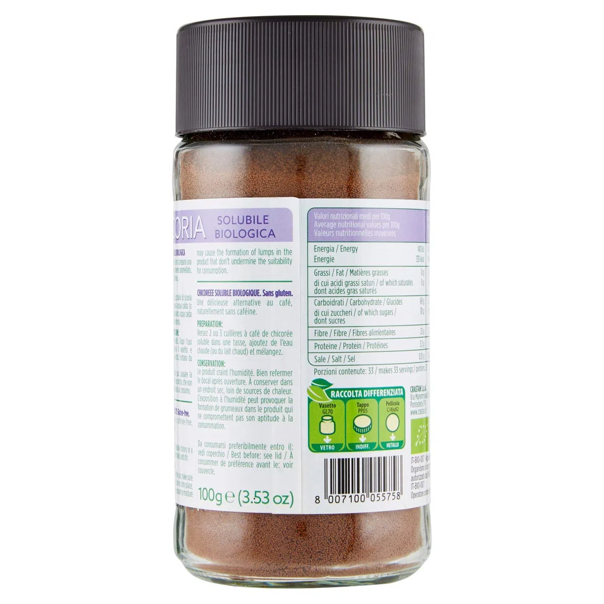Crastan Cicoria Solubile da Agricoltura Biologica Senza Glutine - 6 vasetti da 100 gr