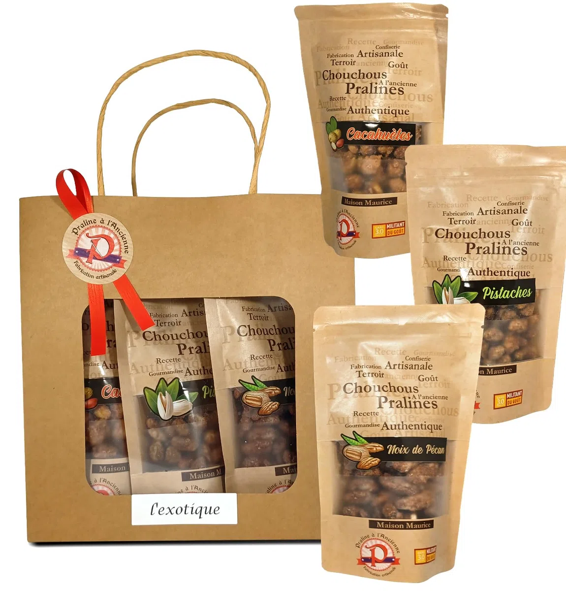 Pralines à l'Ancienne - Cofanetto regalo Praline "L'esotico" - Scrunchi-dolcetti artigianali - 3 sacchetti regalo - Arachidi, pistacchi, noci di pecan - Made in France
