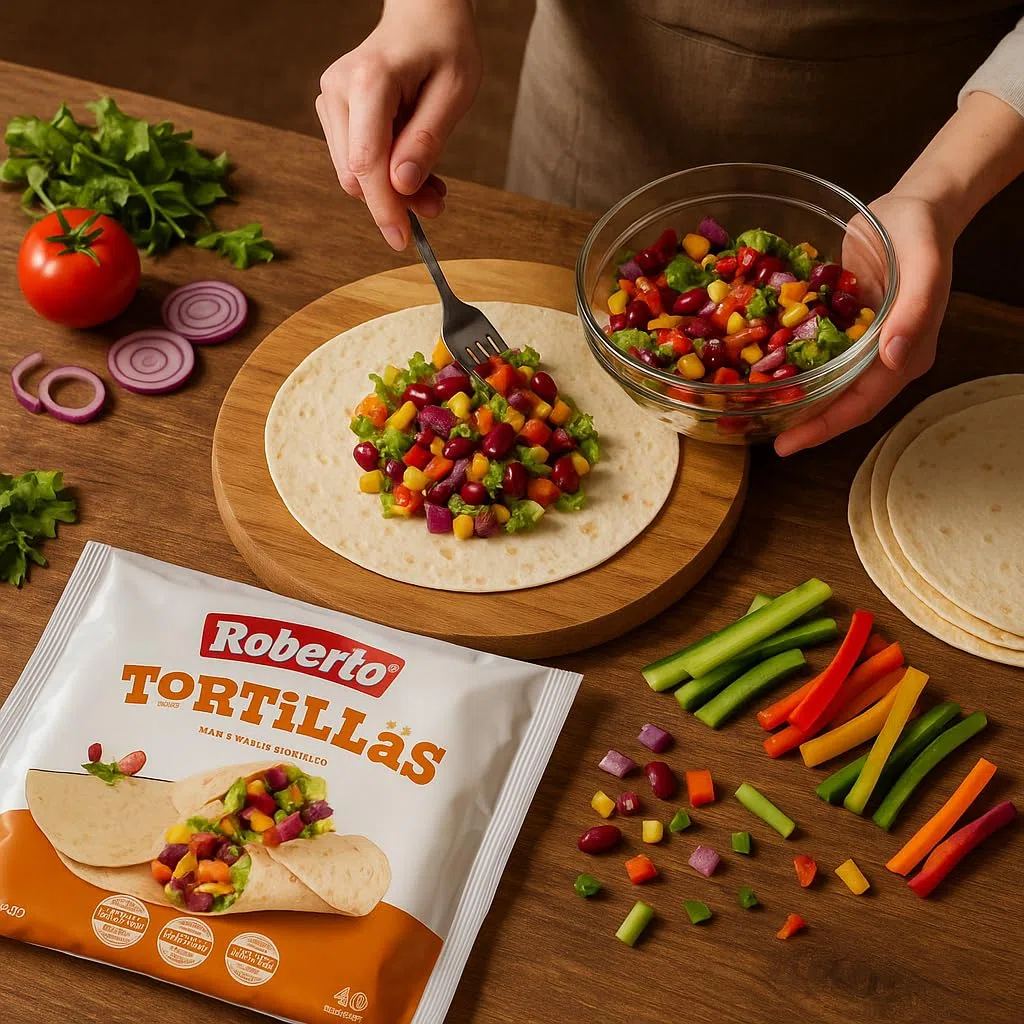 Roberto Tortillas di Grano Tenero – 12 pezzi di Tortilla Piadina Sottili, Arrotolabili e 100% Vegetali – Ideali per Wrap, Burritos e Fajitas Piatti Caldi e Freddi