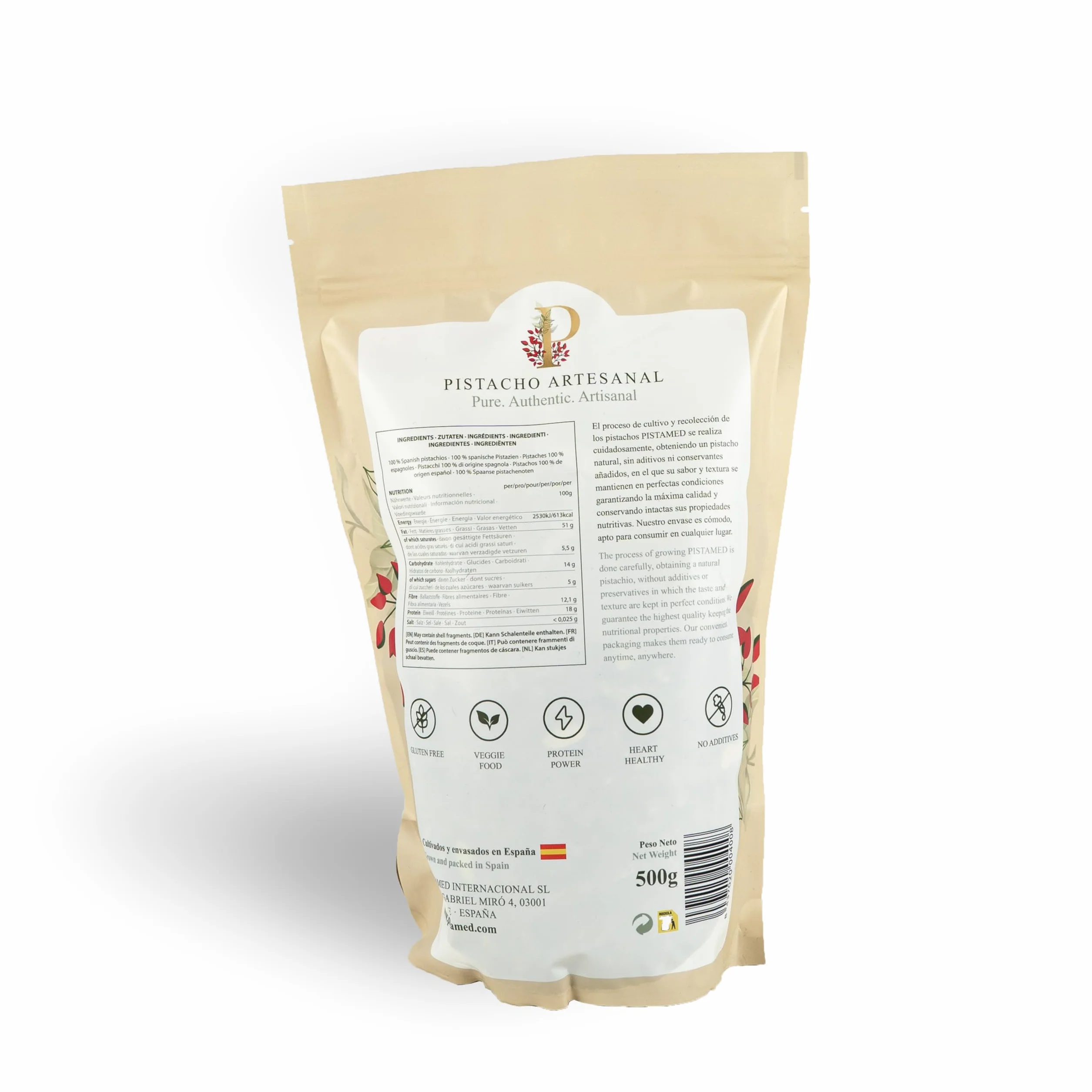 PISTAMED - Pistacchi sgusciati - Senza sale - Tostati artigianalmente - Senza additivi e senza glutine - Ricchi di fibre - Adatti a diete vegetariane e vegane - 10 bust (500g, Senza guscio)