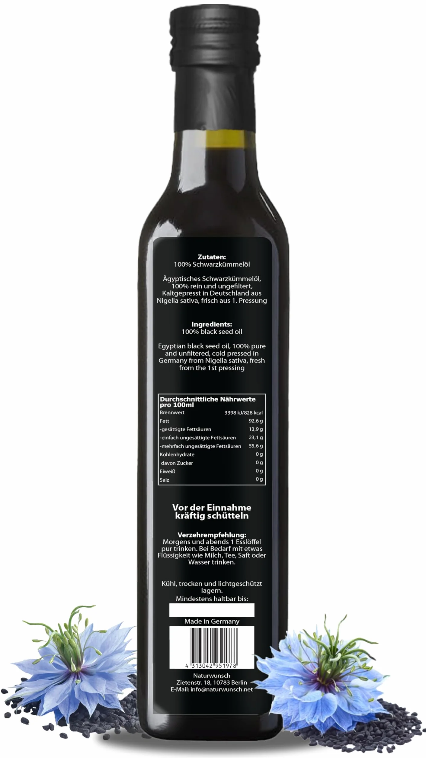 naturwunsch Olio di cumino nero, 500 ml, non filtrato, spremuto a freddo, prodotto fresco in Germania, originale Nigella Sativa