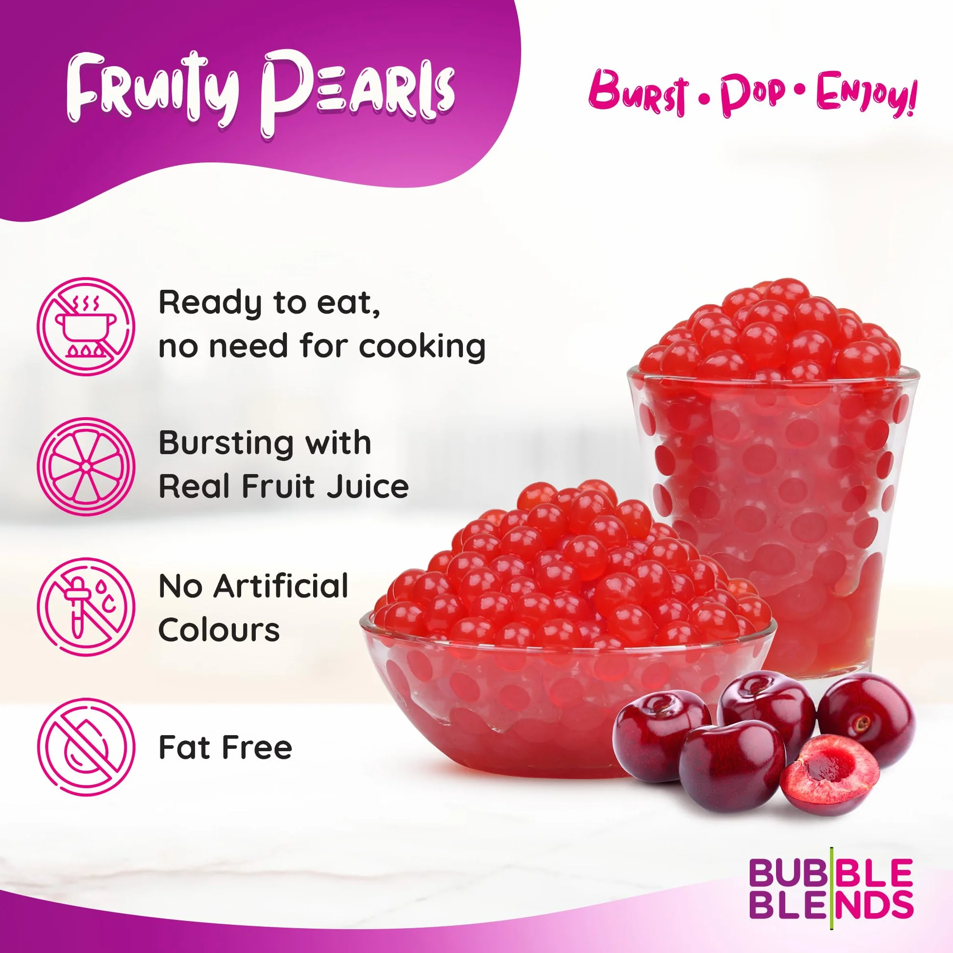 Popping BobaCiliegia 450 g - Bubble Blends Perle di Frutta con Vero Succo di Frutta - Senza Lattosio, 100% Senza Grassi e Senza Glutine - Palline Bubble Tea, Bevande e Topping EXP 22/05/25