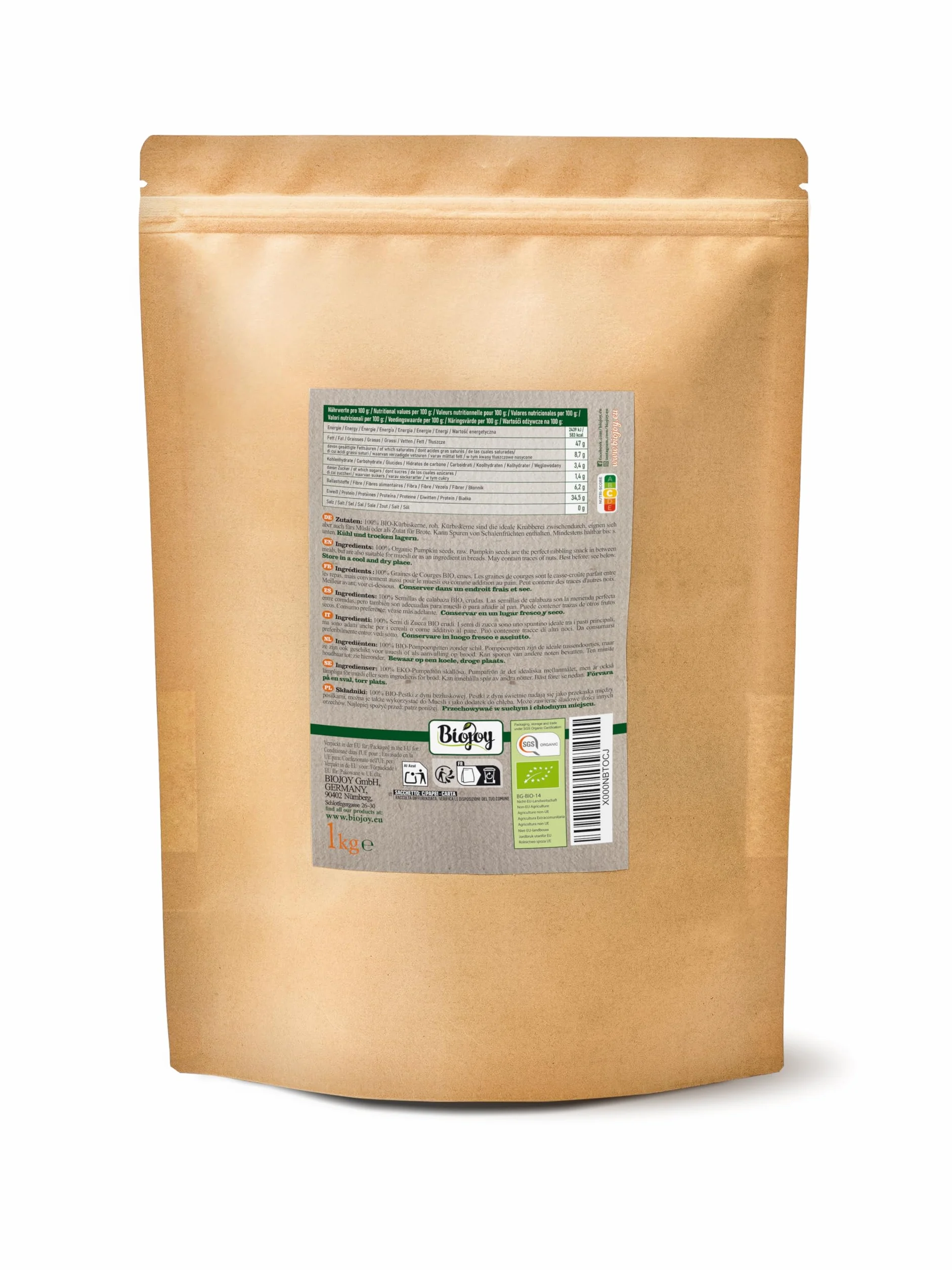 Biojoy Semi di Zucca BIO (1 kg), sgusciati e senza sale