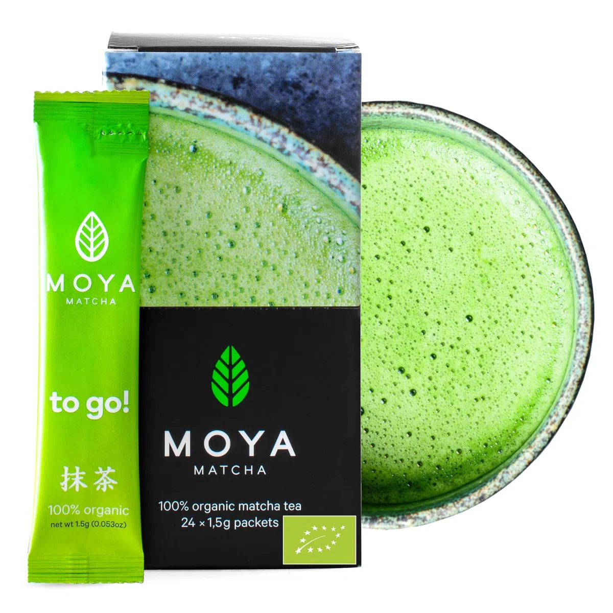 Moya Matcha To Go! Organic | 24 x 1,5g Borse | Matcha To Go! tè o in un set con uno shaker (24 x 1,5g Borse)