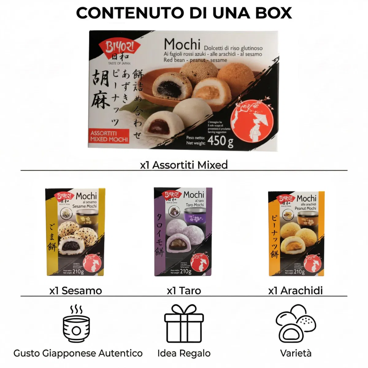 HU TASTE Mochi Biyori 3+1 Box: 3 Confezioni Gusti Taro, Sesamo, Arachidi + 1 Confezione Mix Mochi Assortiti - Snack Dolci Giapponesi e Dolcetti Asiatici, Japanese Food Snack Box e Dolci Giapponesi, 4