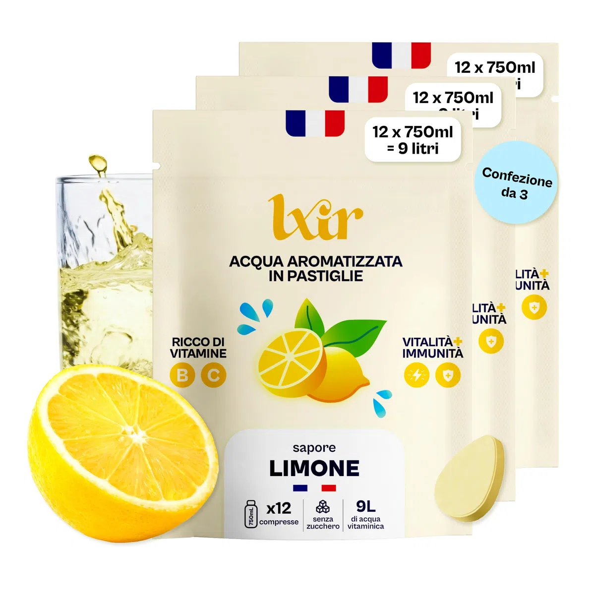 LXIR DRINK – Pastiglia aromatizzata senza zucchero – Bevanda multivitaminica – Ricca di vitamine C e B – Idratazione quotidiana – Bellezza della pelle (Limone x3)