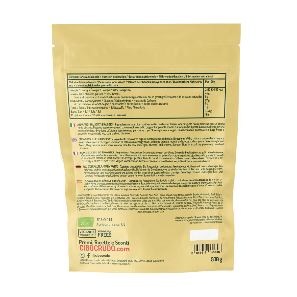 Anacardi Naturali Sgusciati Crudi e Biologici - 500g. Anacardi Non Tostati e non Salati. Contengono Proteine Minerali e Vitamina B1 e B6. Da Usare Come Snack Insalate o Piatti a Base di Riso.
