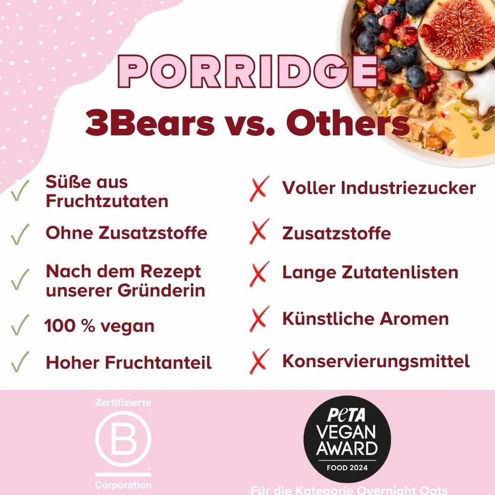 3Bears Porridge Mela e Cannella - pacchetto con 4 confezioni (4 x 400g). Tanta frutta e niente zuccheri aggiunti, fiocchi d’avena, colazione 100% naturale