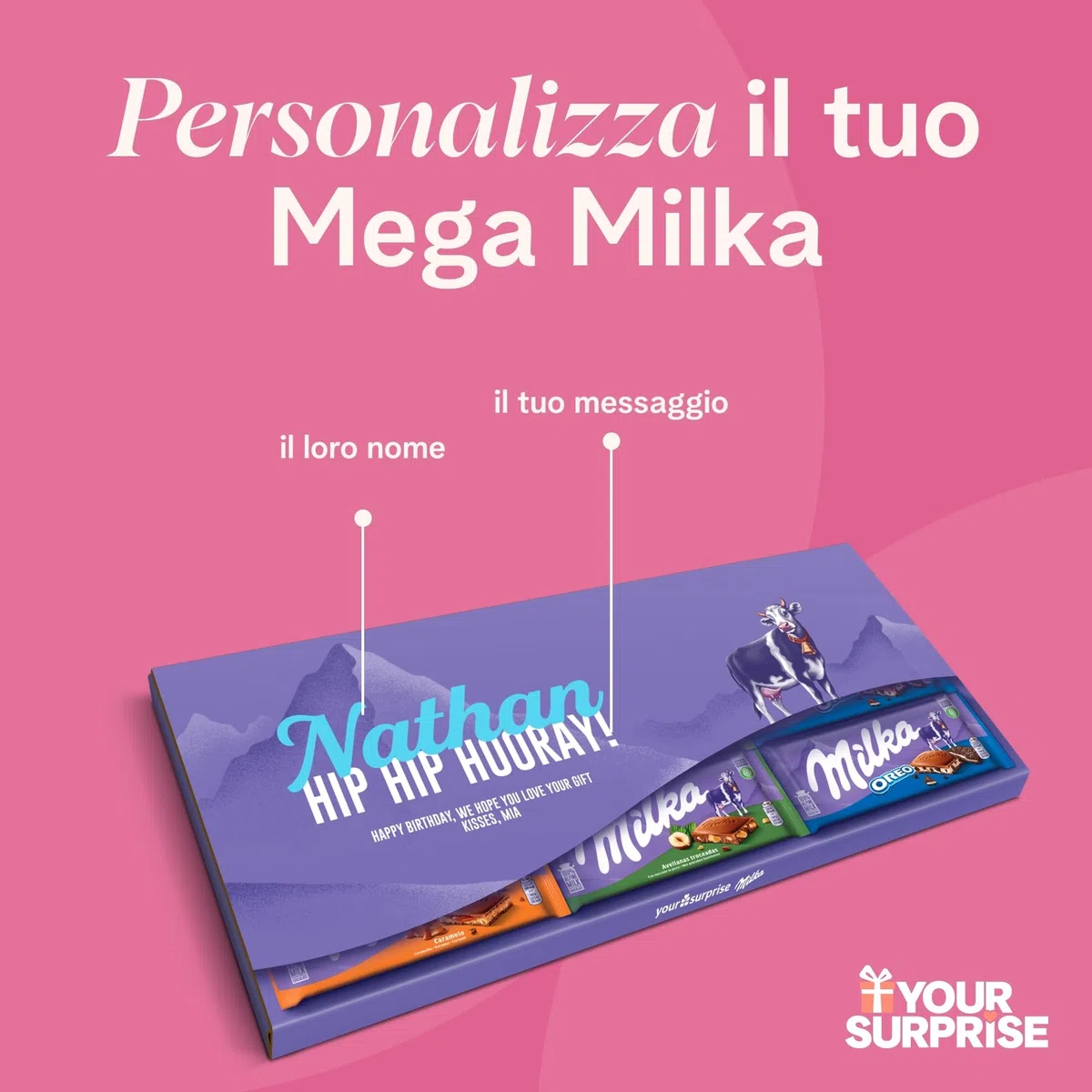 XXL Barretta Milka gigante personalizzata - Regalo di Compleanno & Anniversario per Uomo & Donna con Nome e Messaggio, con deliziose barrette di cioccolato Milka (6 Tavolette)