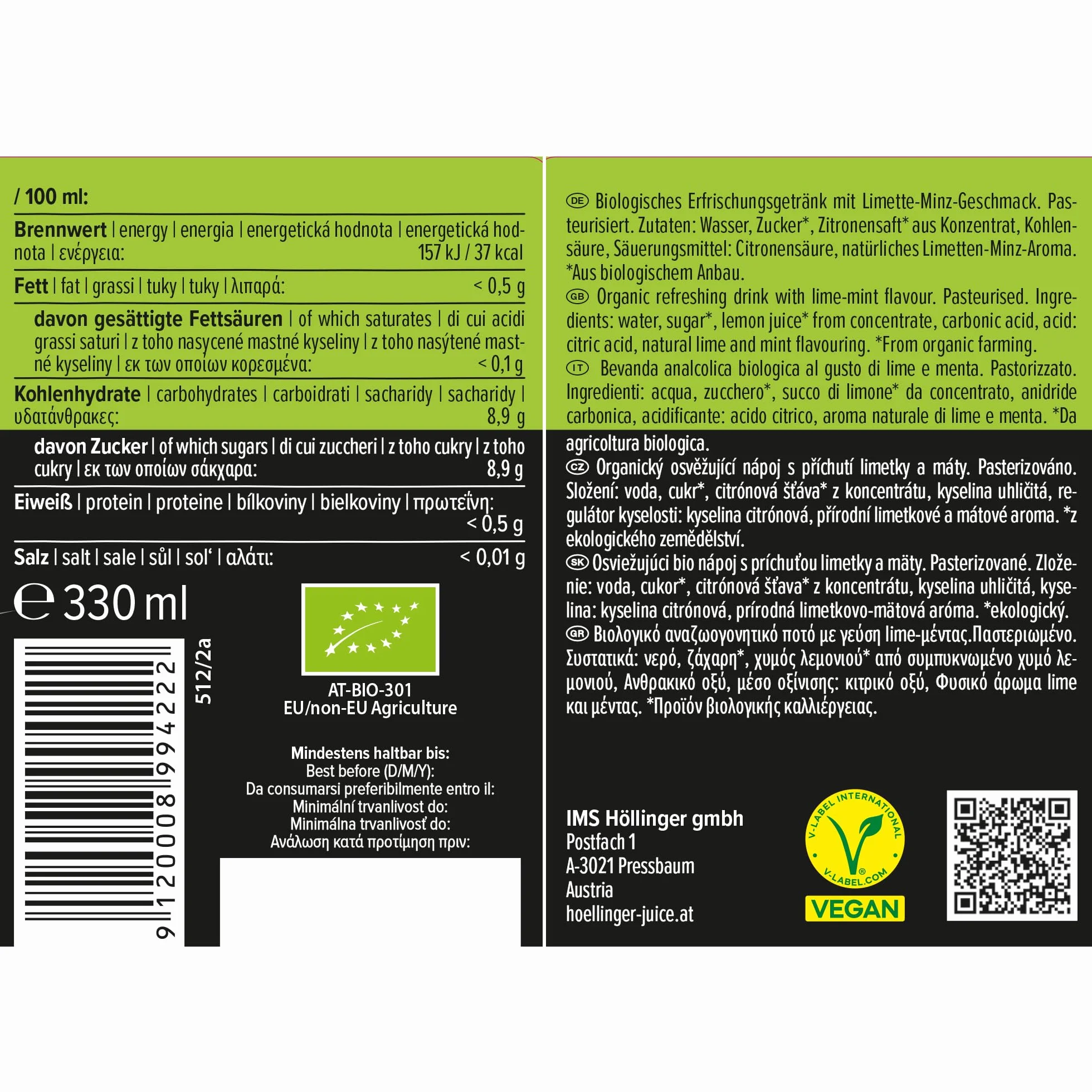 Höllinger Mojito Analcolico Bio, Bevanda al Lime e Menta, Bottiglia di Vetro 330ml, Cocktail Analcolico Premium, Senza Alcool, Biologico Certificato