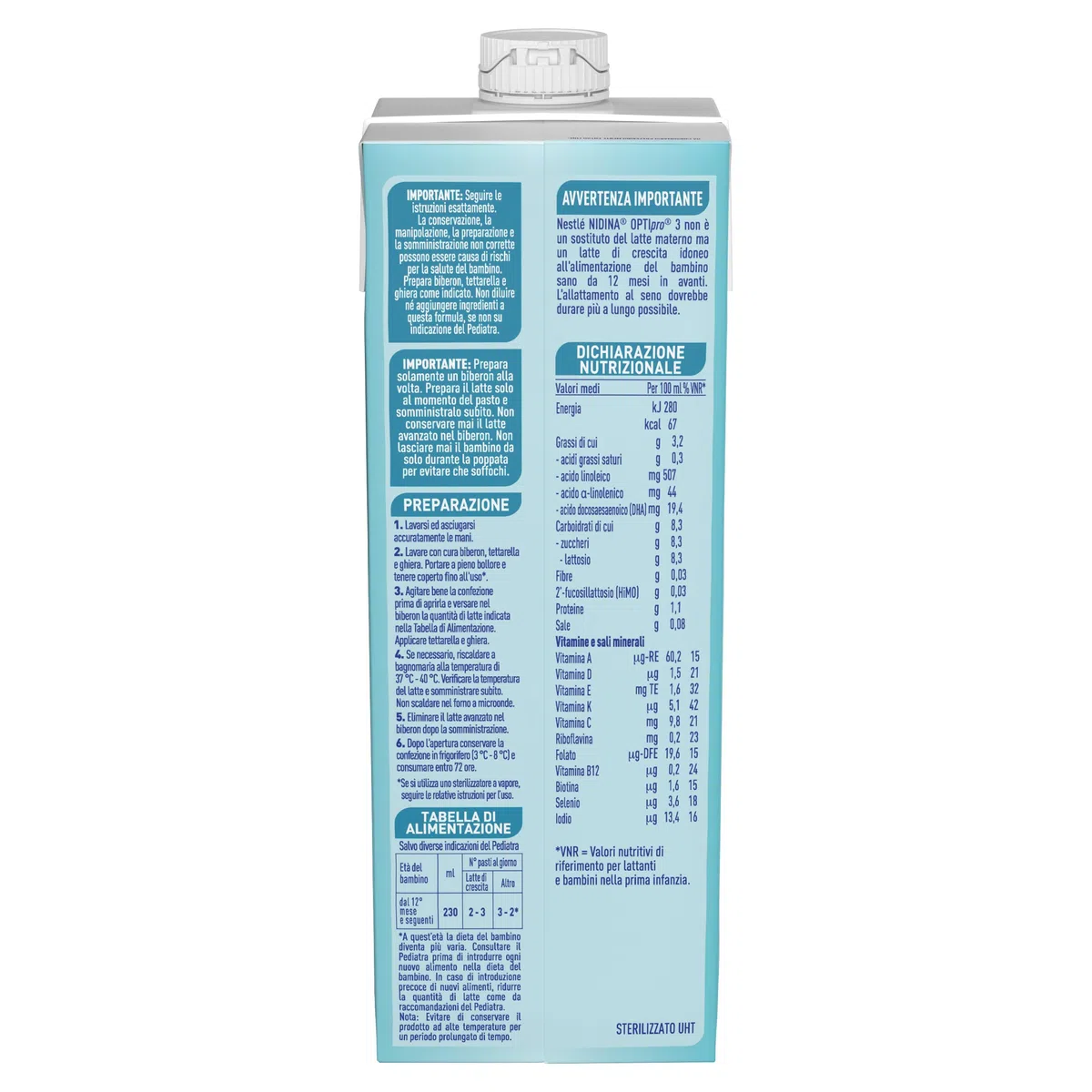 NESTLÉ NIDINA Optipro 3 Latte di Crescita Liquido per Bambini da 1 anno, 8 Brick da 1L (8L)