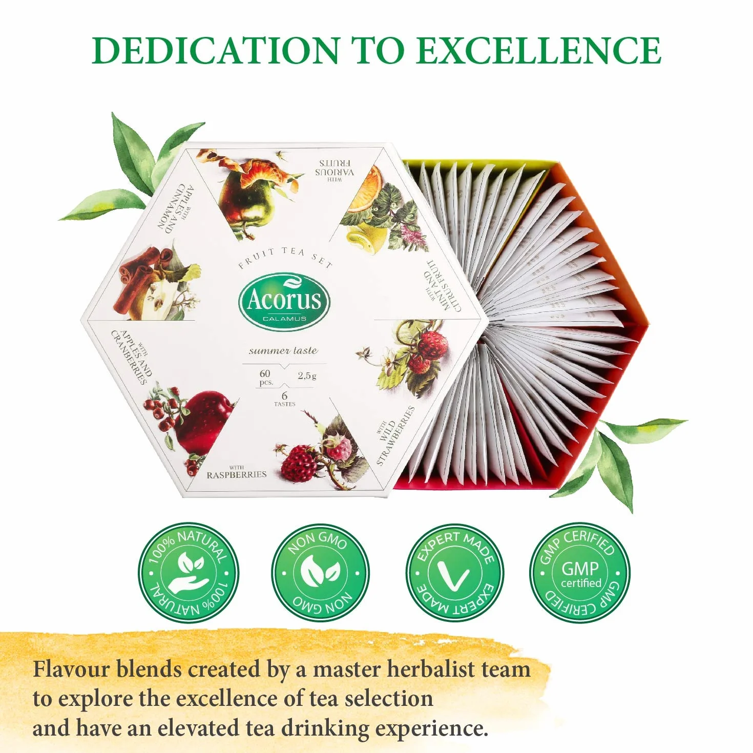 ACORUS Set di tè alla frutta al gusto estivo – Set da regalo, cestino di tè naturale assortito – Cofanetto grande con selezione di 60 bustine di tè – Campionario con 6 gusti di tè alla frutta e bacche