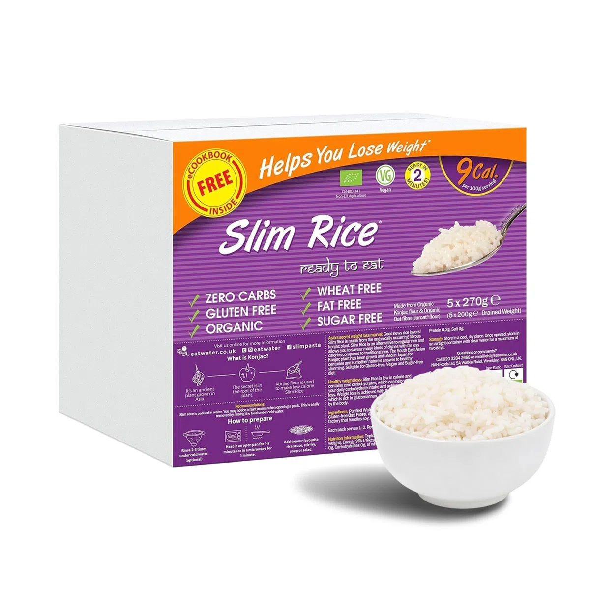 Eat Water Slim Rice 270g Enviro Confezione da 5 - Prodotto con farina Konjac biologica, dieta Keto Paleo e alimenti vegani, dieta a basso contenuto di carboidrati e ipocalorica | Cibo senza zuccheri