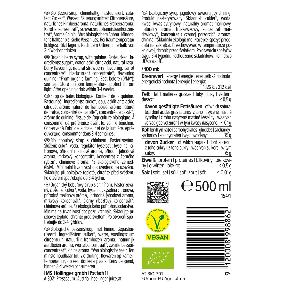 Hollinger Berry Royale Sciroppo Bio Analcolico, Concentrato 1:9, Confezione da 3 Bottiglie da 500ml, Gusto Fruttato e Amaro