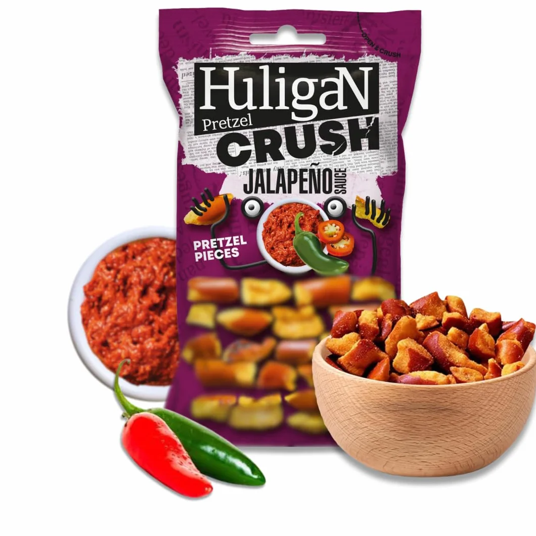Huligan Jalapeno Pretzels Crush (confezione da 18 x 65 g) – Pretzel al forno sottili snack salati sfusi salutari snack vegetariani scatola Jalepenos patatine multipack (confezione da 18)