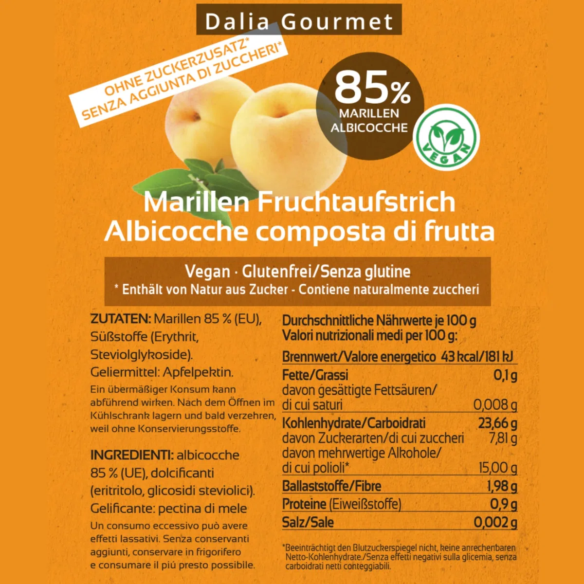 Dalia - Composta di frutta 85% | Senza aggiunta di zuccheri con ERITRITOLO - STEVIA | Prodotto artigianale italiano | 4 pezzi da 220 g | Albicocche