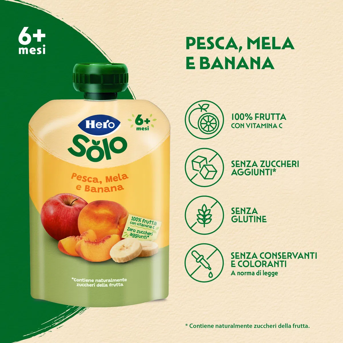 Hero Solo Pouch Frutta Pesca, Mela e Banana con Vitamina C – Senza zuccheri aggiunti, Senza glutine - Per bambini dai 6 mesi - 18 x 100 g