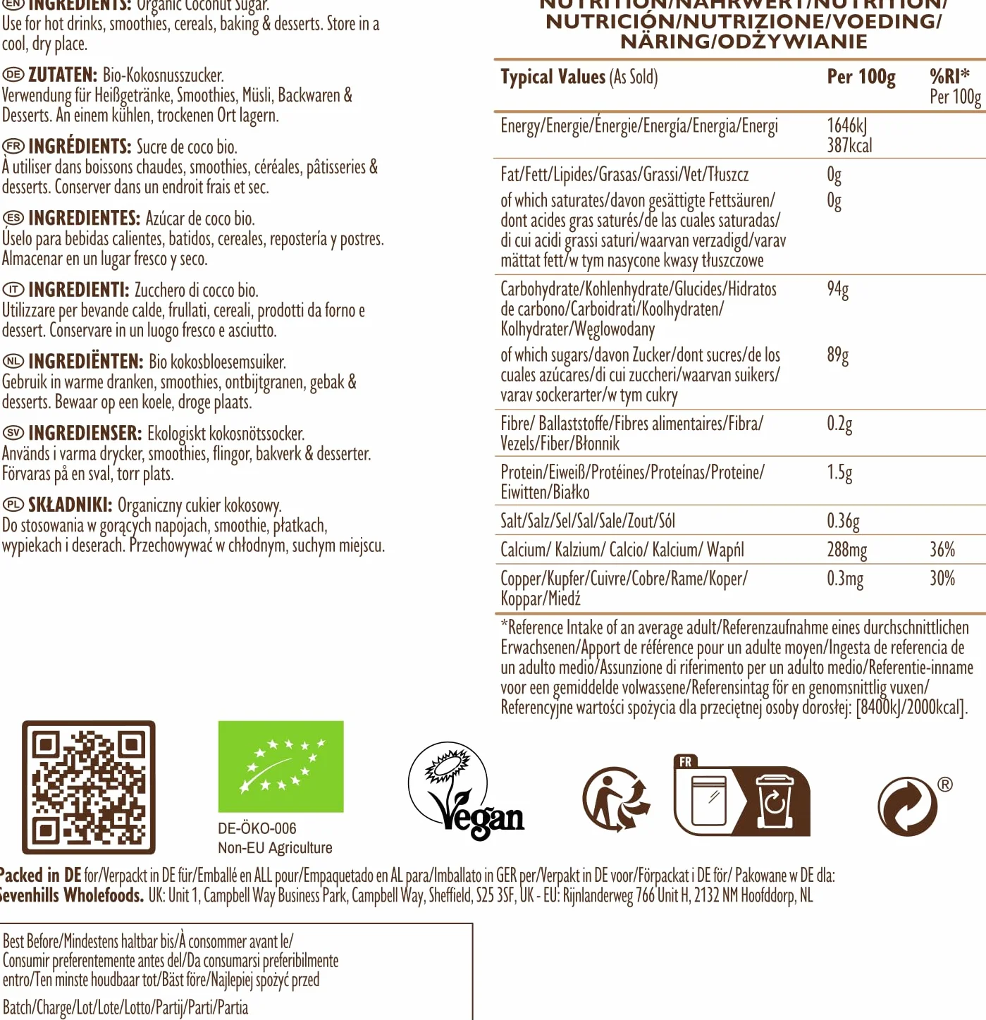 Sevenhills Wholefoods Zucchero Di Cocco Bio 1.8 kg, dal fiore di nettare di cocco, per bevande, dessert e prodotti da forno