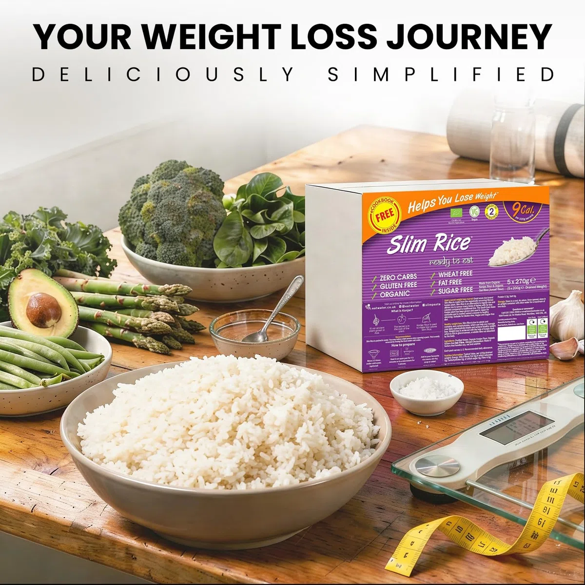 Eat Water Slim Rice 270g Enviro Confezione da 5 - Prodotto con farina Konjac biologica, dieta Keto Paleo e alimenti vegani, dieta a basso contenuto di carboidrati e ipocalorica | Cibo senza zuccheri