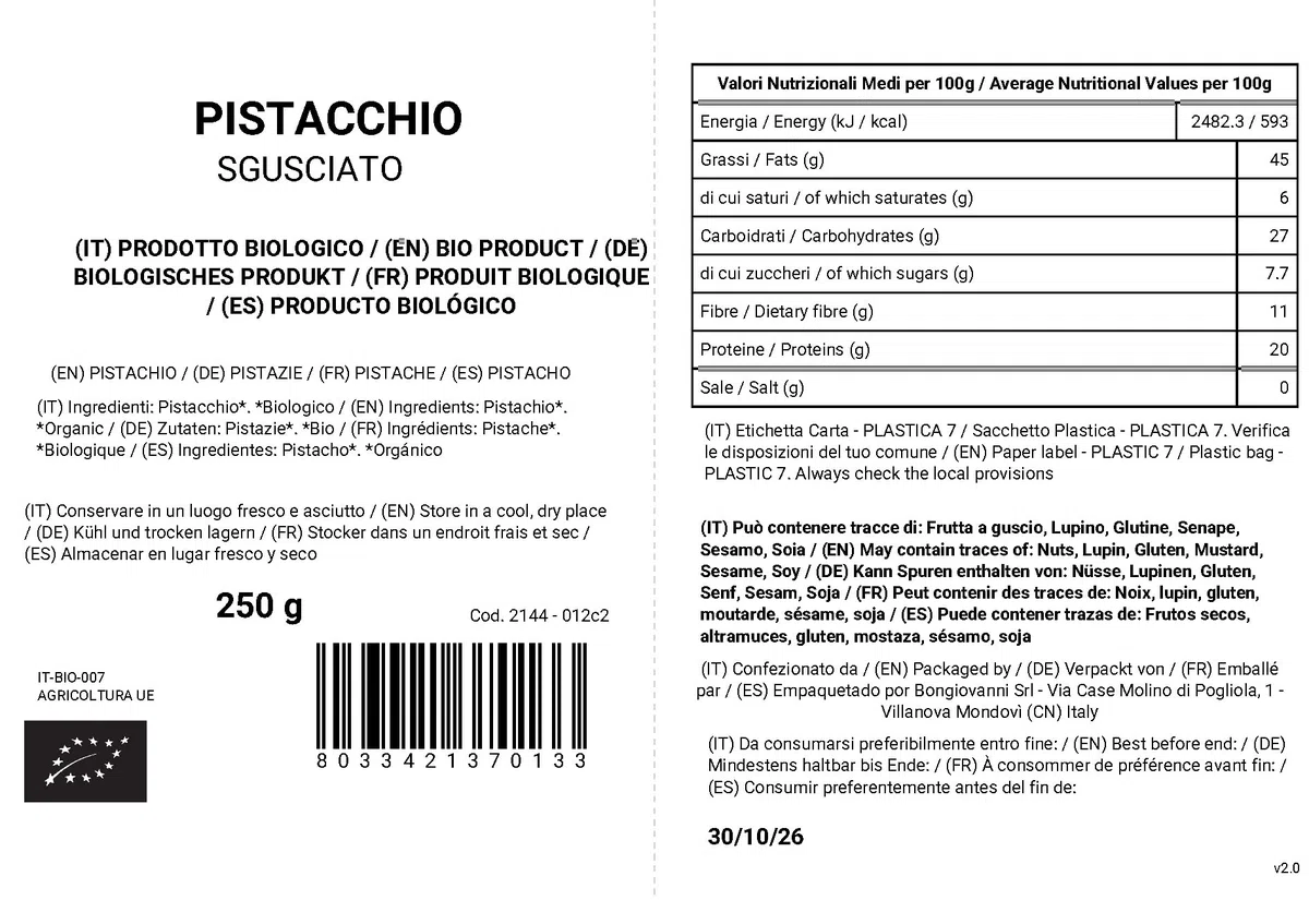 BONGIOVANNI FARINE E BONTA' NATURALI Pistacchio sgusciato intero 250g BIO
