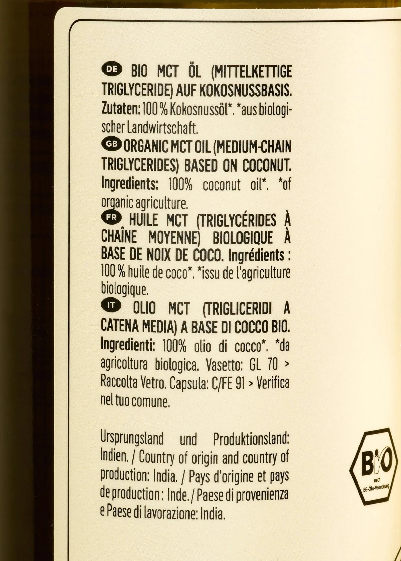 KoRo - Olio MCT C8 bio 500 ml - Ottenuto al 100% da olio di cocco - Contiene acido caprilico puro (C8) - Puramente vegetale