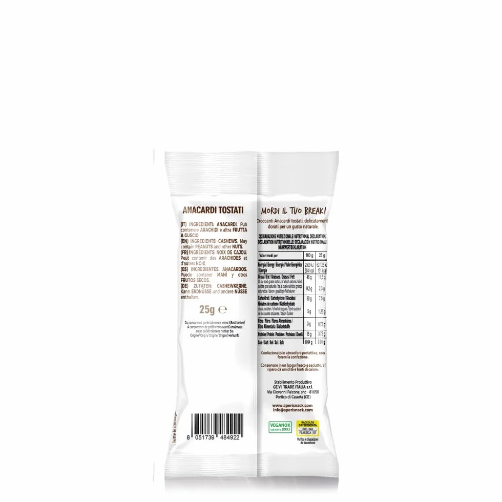 Aperisnack B-Fruit - AP13.041.13 - B-Fruit Box 40 Snack Monodose – Anacardi Tostati – Frutta Secca 100% Naturale – 40 monoporzioni x 25 g