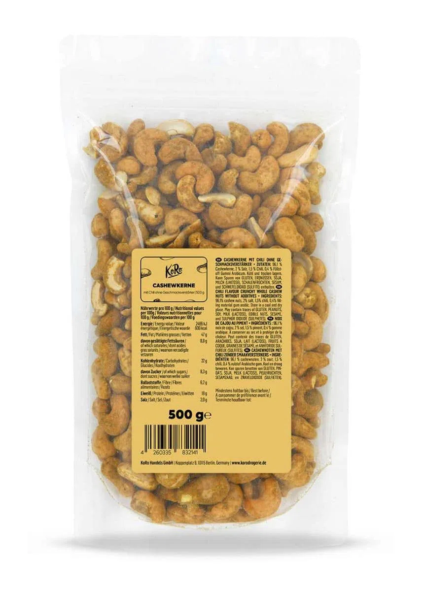 KoRo - Anacardi con Curry senza esaltatore di sapidità 500 g - Snack a base di anacardi raffinato con spezie