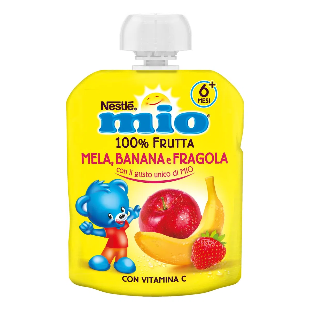 NESTLÉ MIO Merenda 100% Frutta Fragola Banana e Mela da spremere, 16 Pouch da 90ml (1,44L)