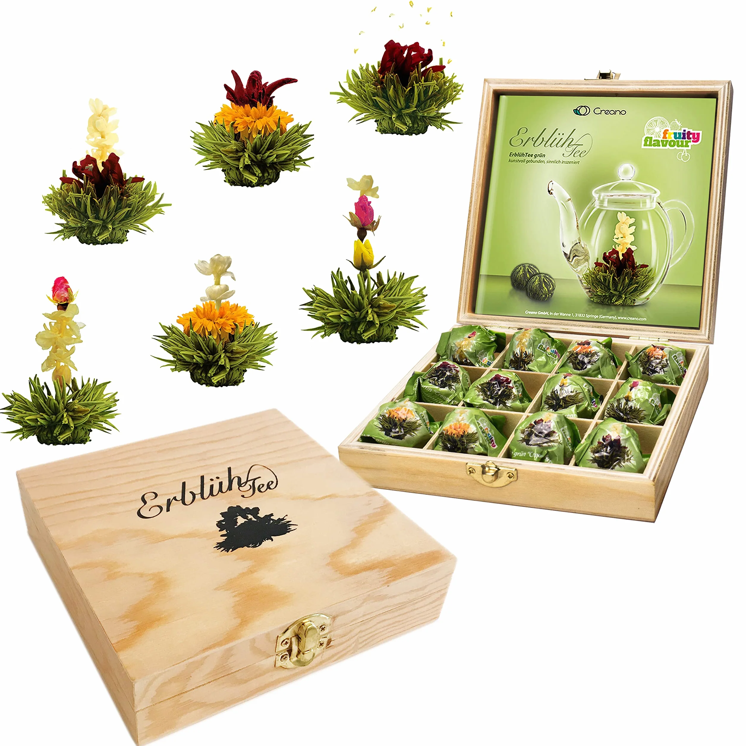 Creano Set Regalo Fiori di Tè Verde in Scatola di Legno | 12 Té Fioriti con 6 Varietà Diverse | Tè ai Fiori Artigianali, Idea Regalo Elegante