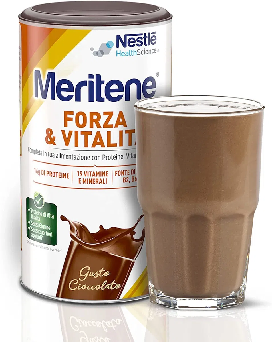 Meritene Forza & Vitalità gusto Cioccolato, bevanda alimentare in polvere |Arricchito di Vitamine, Minerali e Proteine|Rafforza il tuo Sistema Immunitario e la Salute delle Ossa|Barattolo da 2x270g