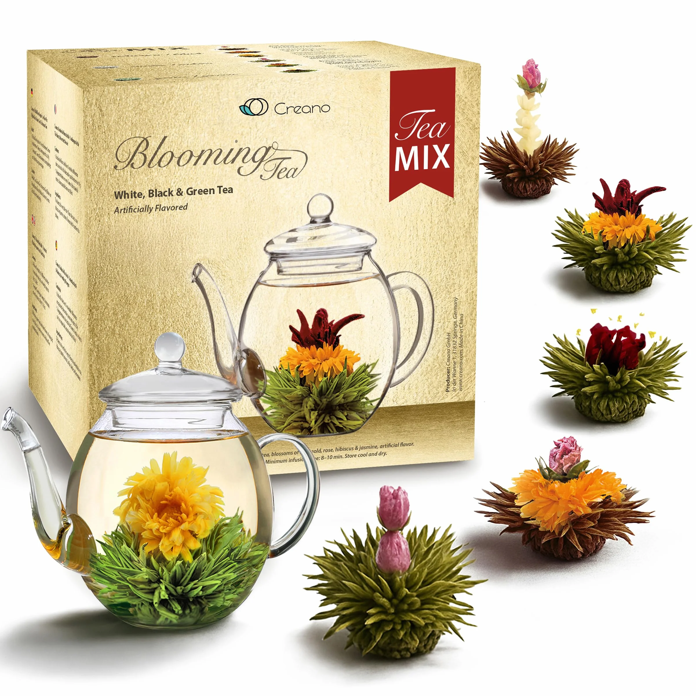 Creano Miscela di Té Fiorito con 6 Varietà di Tè Bianco, Nero, Verde - Set Regalo con Teiera di 500ml in Vetro Confezione Dorata da 7 Pezzi – Regalo Elegante per Donna