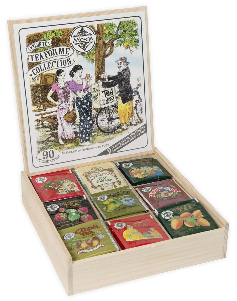 Mlesna Tea for Me Collection, Tè di Ceylon Assortiti, 90 Filtri in Bustine Singole, 9 Varietà, Scatola Regalo in Legno, Tè Puro con Aromi Naturali