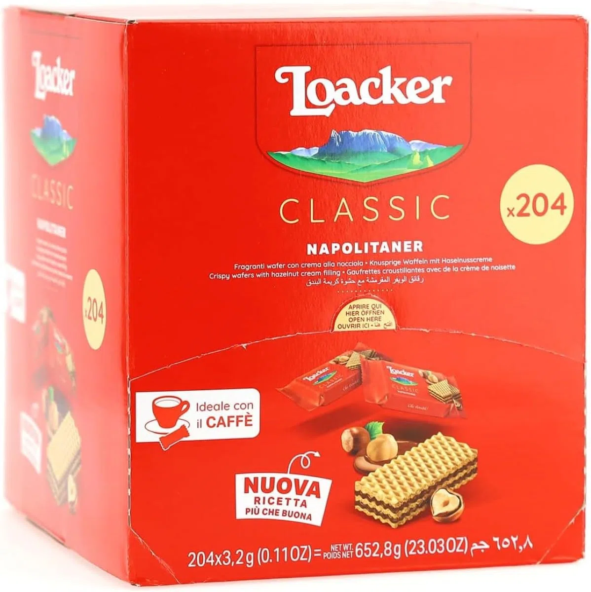 Loacker, Classic Napolitaner, Wafer Fragranti Farciti con 2 Strati di Crema di Nocciole 100% Italiane, Snack Monoporzione Ideali per Bar e Caffetterie, Confezione Convenienza da 204 Pezzi