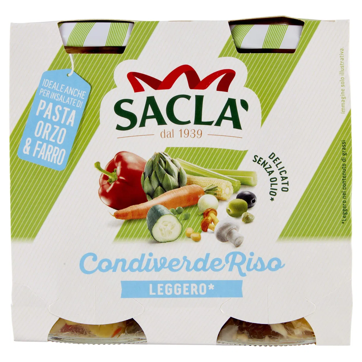 Saclà, Condiverde Riso Leggero Duo, Condimento di Mix di Verdure per Insalata di Riso e altri Cereali, Senza Olio, Vaso Vetro, 2x290g (2x175g sgocciolato), Confezione da 6 pezzi