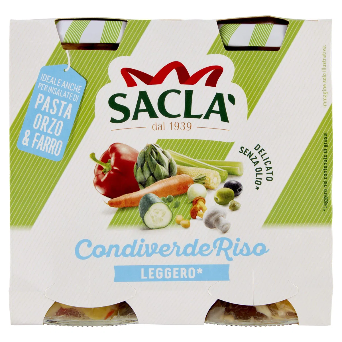 Saclà, Condiverde Riso Leggero Duo, Condimento di Mix di Verdure per Insalata di Riso e altri Cereali, Senza Olio, Vaso Vetro, 2x290g (2x175g sgocciolato), Confezione da 6 pezzi