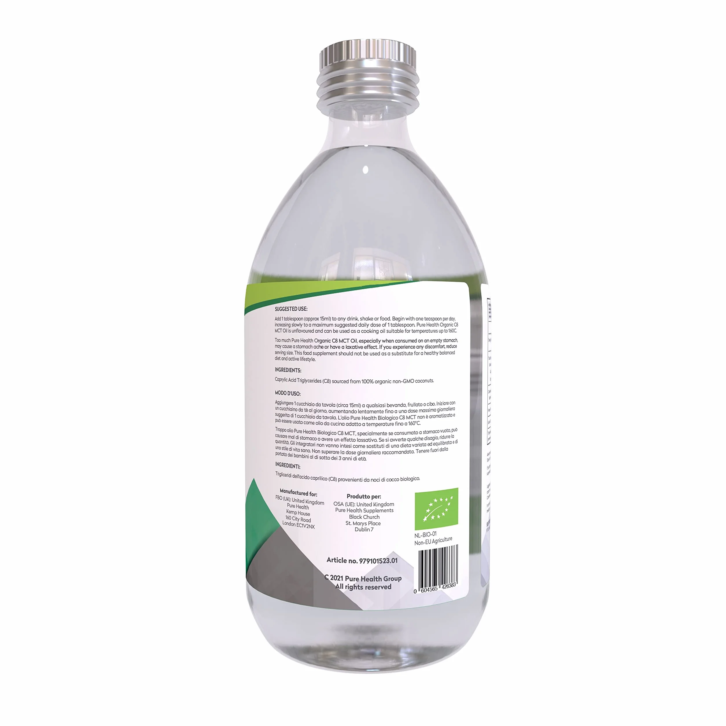 Premium Organic 100% Cocco Olio MCT | Acido Caprilico C8 | Non-GMO | Paleo | Paleo | Dieta Keto | Vegan | Senza glutine | Bottiglia di vetro | Aggiungi a "Caffè antiproiettile". (500ml Biológico C8)