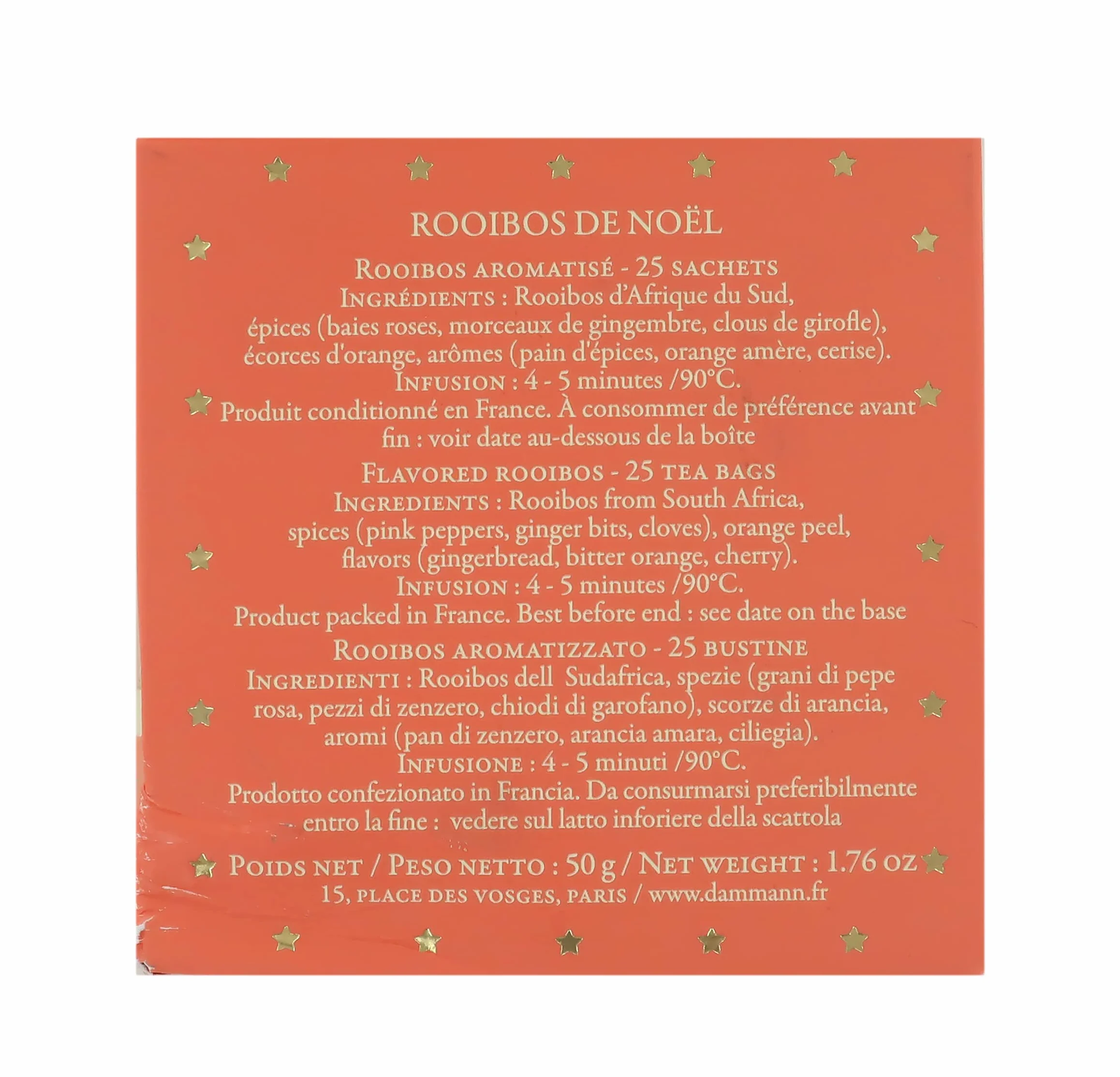 Rooibos Natalizio all'Arancia e Spezie, Gusto Fruttato, Rooibos di Natale in Scatoletta Regalo, 25 Filtri, Tot. 50g, Dammann Frères