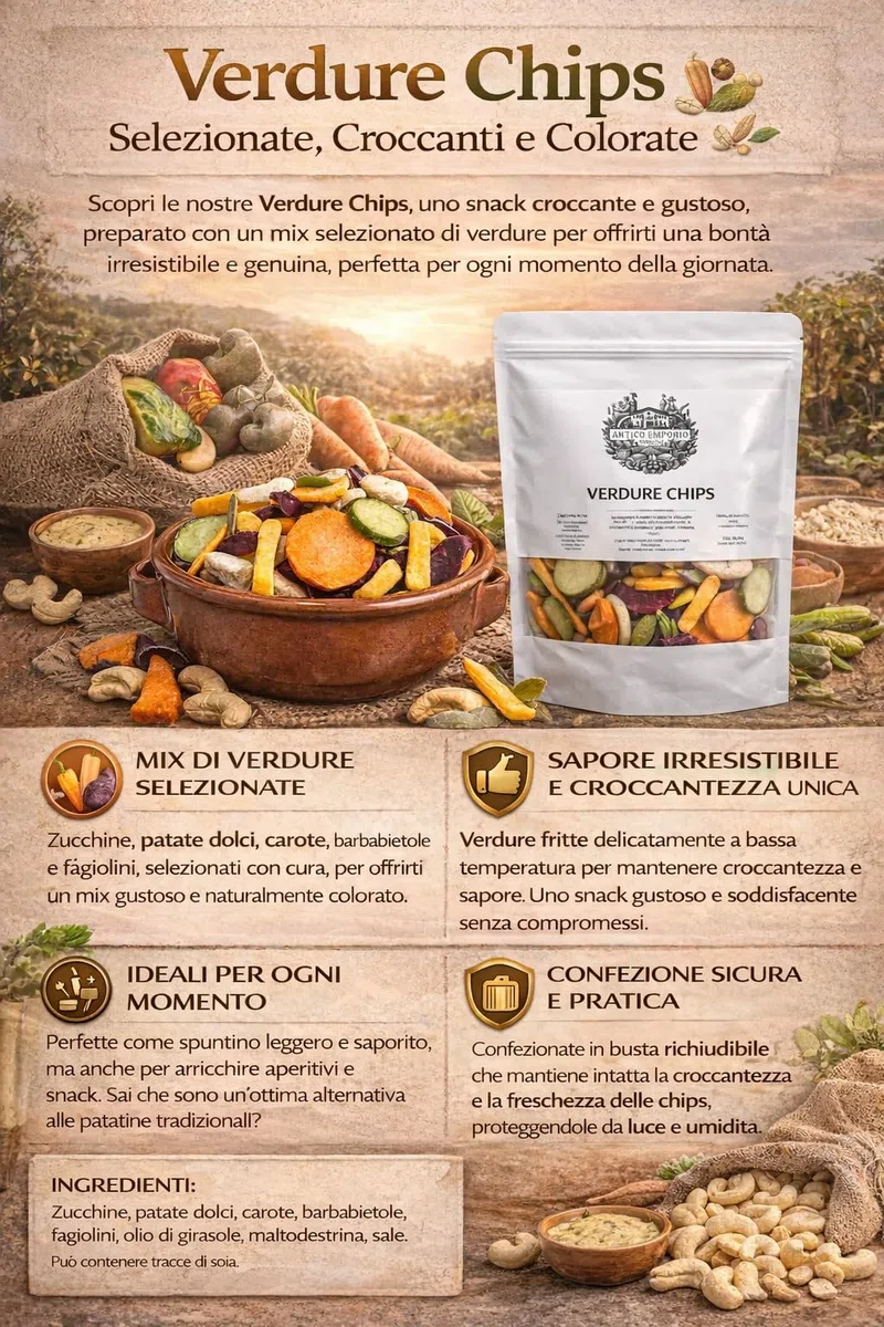 Chips di Verdure essiccate, croccanti - 500 Grammi - in Sacchetto in kraft Richiudibile - Snack Sfizioso e Salutare, Composto da 8 Verdure